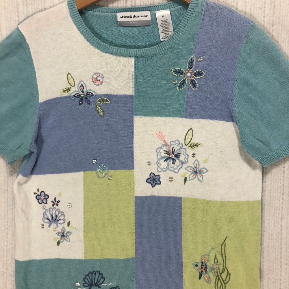 Alfred Dunner Petite Short Sleeve Sweater Blue Green Floral Coastal PL RN19232